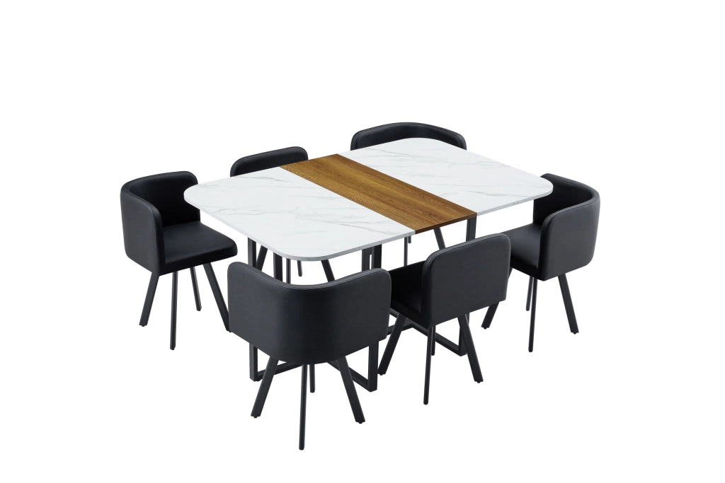 Set tavolo da pranzo 7 pezzi bianco e legno, 6 sedie in PU, struttura nera