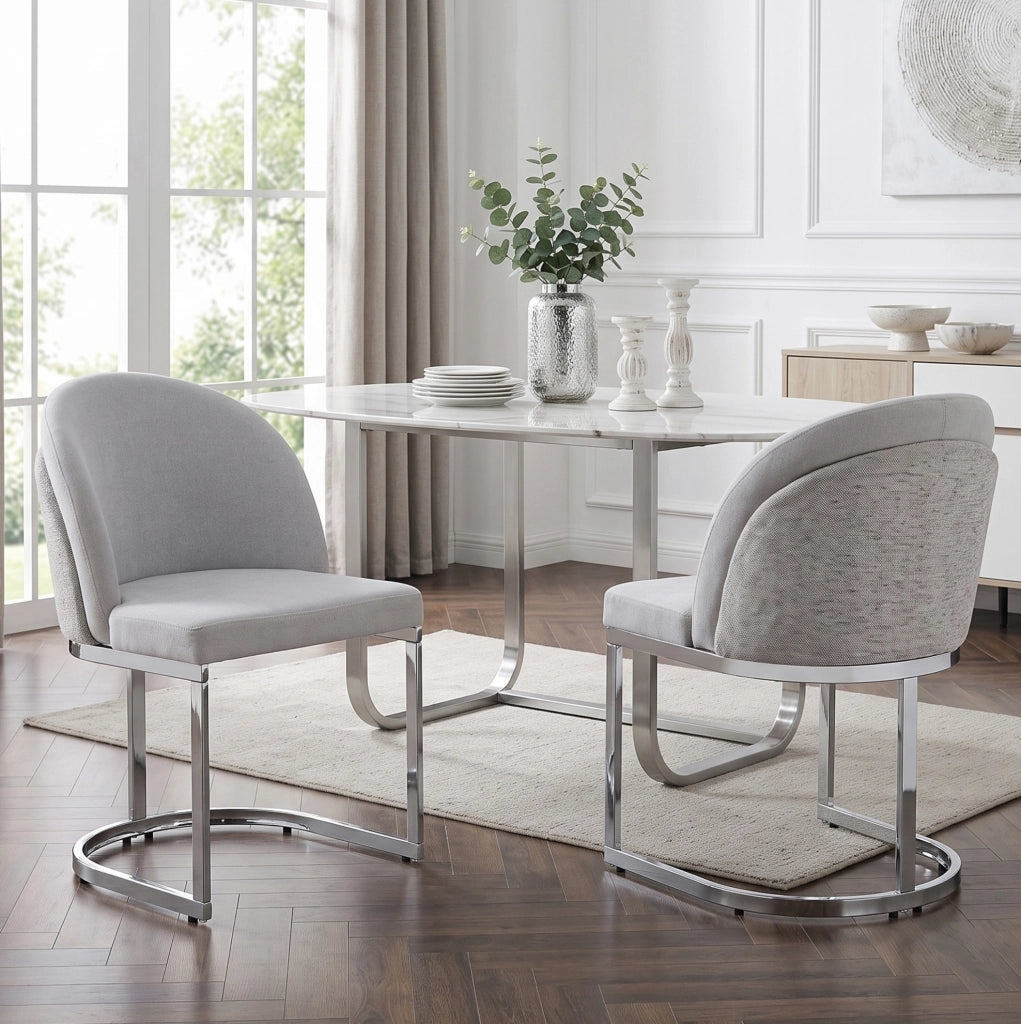 Set di 2 sedie da pranzo moderne in chenille grigio con gambe in metallo argentato