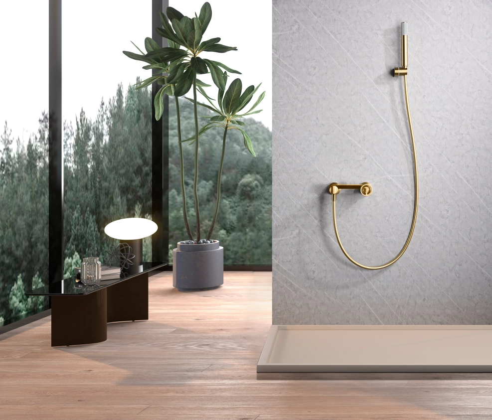 IMEX Set doccia monocomando in ottone oro spazzolato con tubo flessibile acciaio 180 cm doccetta rotonda ABS cartuccia ceramica Ø35 mm staffa fissa doccetta PVD Imex-BDC033-5OC Olimpo