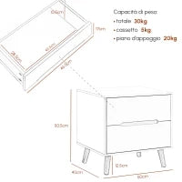 Comodino Moderno con 2 Cassetti in Truciolato e Gambe in Legno di Pino, 50Lx40Px50.5A cm, Bianco