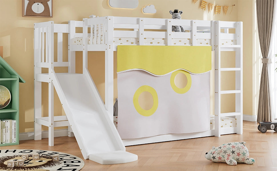 LETTO A CASTELLO 90x200 cm Bianco in MDF e Pino con scivolo e tende