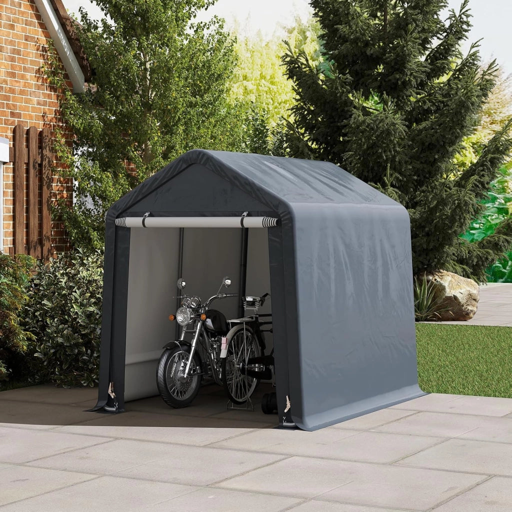 Capanno da Giardino 195 X 240 X 214 CM, Tenda Garage per Bici Moto Attrezzi, con Copertura en PE Impermeabile, Porta con Cerniera, Telaio in Metallo, Picchetti, per Esterno, Grigio