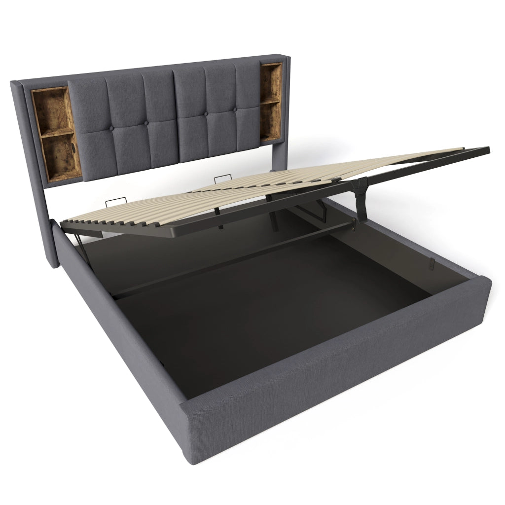 OKWISH Letto Contenitore 160×200 cm, Letto Matrimoniale con Ricarica Wireless, USB, Tipo C e 4 Vani, senza Materasso, in Cotone, Grigio