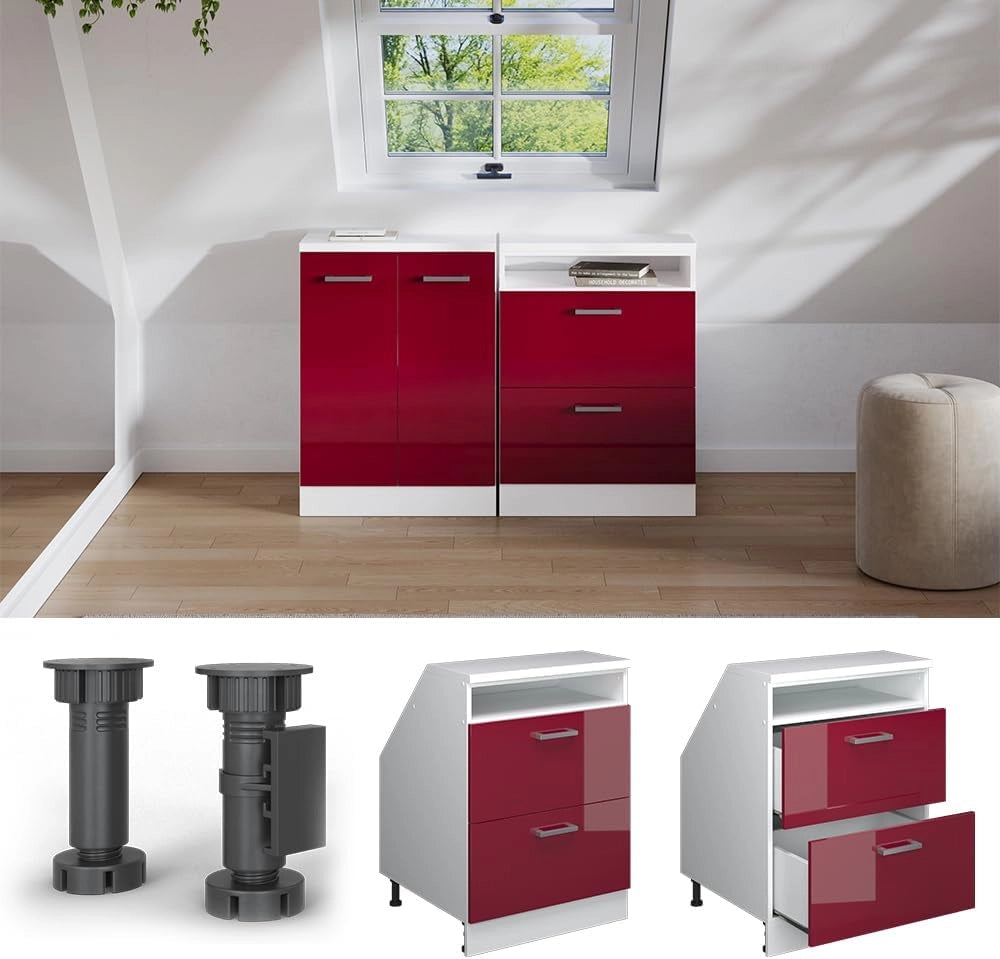 Mobile sottotetto Rion, Rosso lucido, 60 x 81.6 cm con 2 cassetti, carcassa 60 cm profondità, adatto per il salvaspazio sotto tetti spioventi