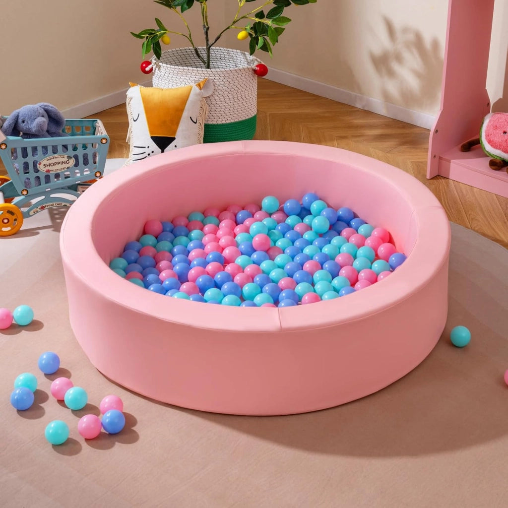 Piscina di Palline per Bambini, Vasca Rotonda con 200 Palline Colorate, Sacchetto in Rete e Copertura Rimovibile, Piscinetta in Morbida Schiuma per Soggiorno e Camera di Bambino (Rosa)