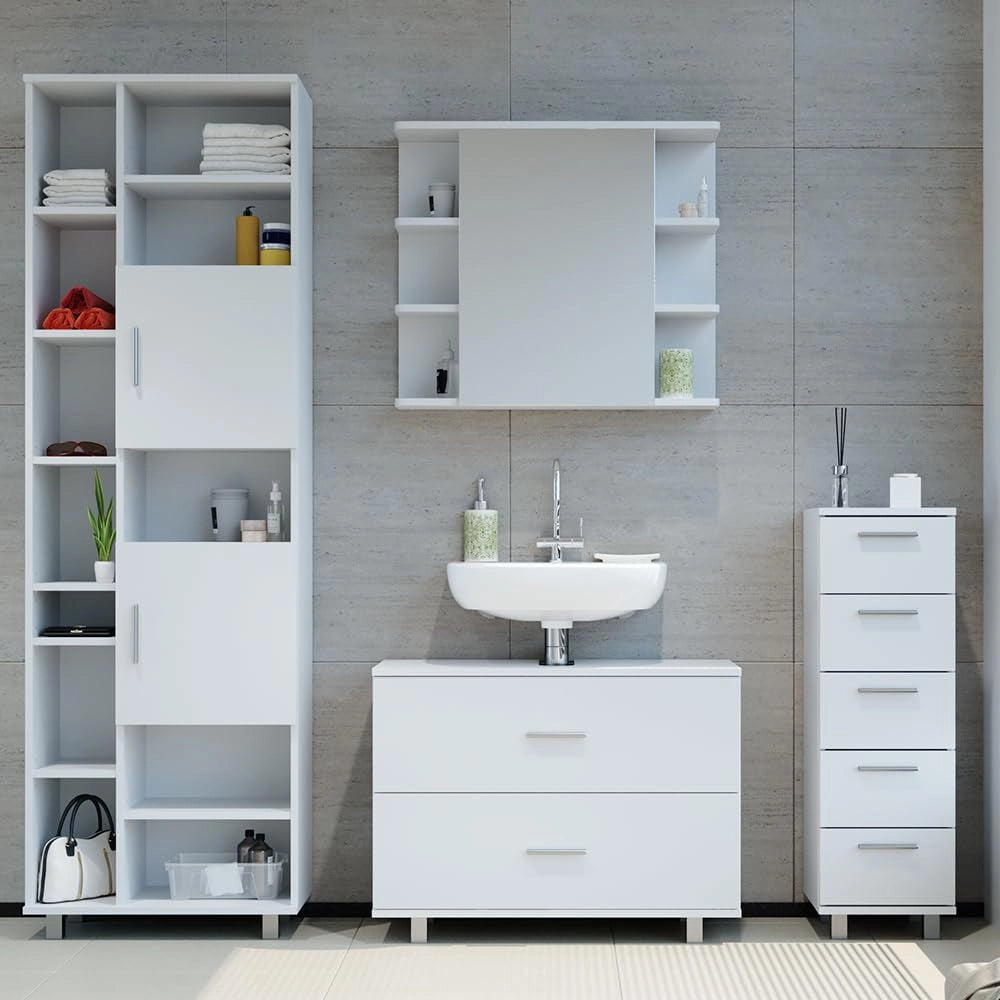 Set mobili bagno Ilias, Bianco, 80.2 cm, composto da mobile lavabo, pensile a specchio, colonna e base media