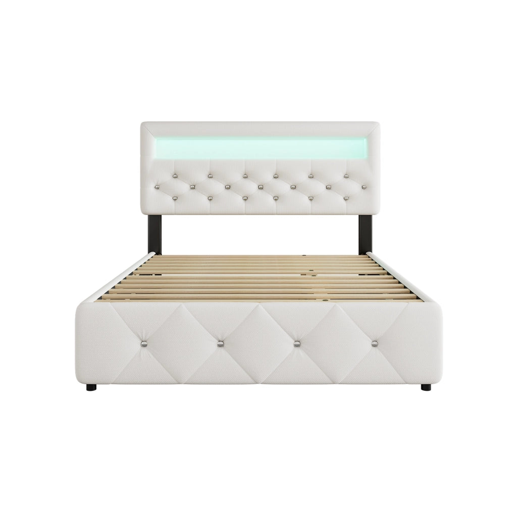 Letto matrimoniale 140x200 cm con cassetti e letto estraibile; imbottito; bianco