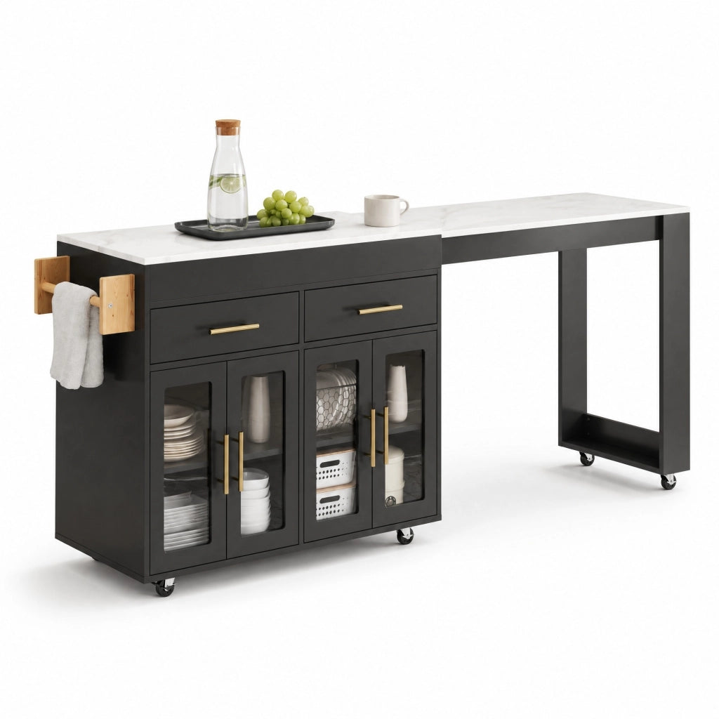 Isola cucina mobile con piano estraibile e ruote, nera