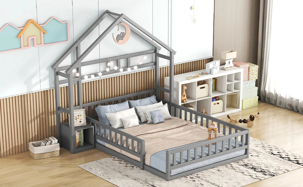 DESMIU Letto casetta letto per bambini 2 posti con sponda e comodino, 140 × 200 cm, senza materasso, grigio