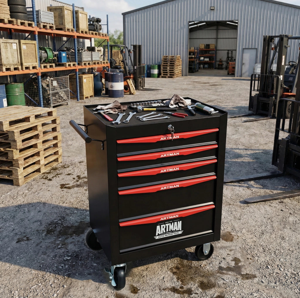 Carrello portattrezzi in acciaio con 5 cassetti e ruote bloccabili, 60x33x77,5 cm, nero e rosso