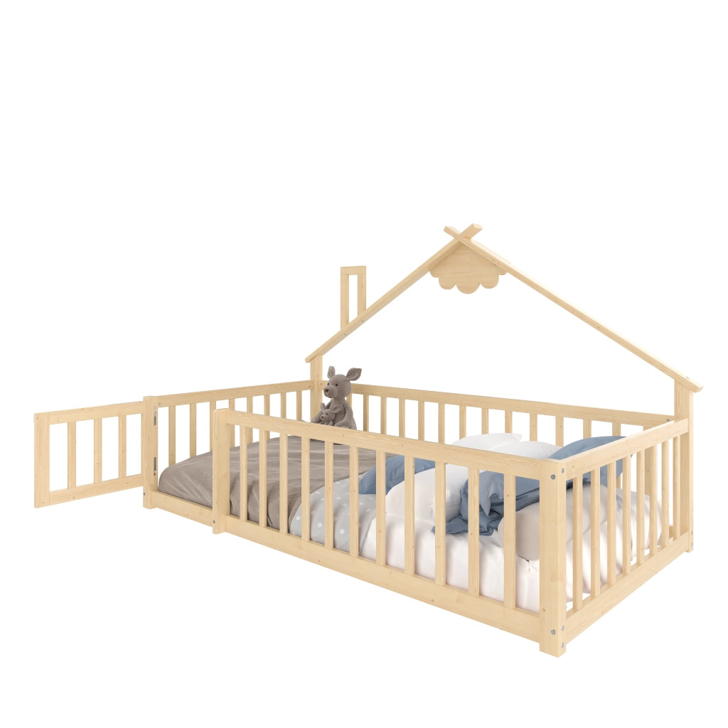 Letto a Casetta 90 × 190 cm; Singolo con Sponda con Chiusura; senza Materasso; Pino e MDF; Naturale