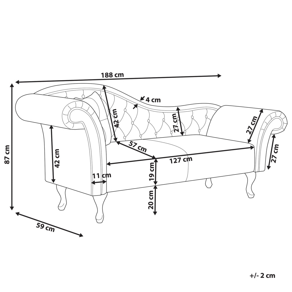 Chaise longue in velluto grigio Bottone capitonné con braccioli arrotolati a versione sinistra con cuscino
