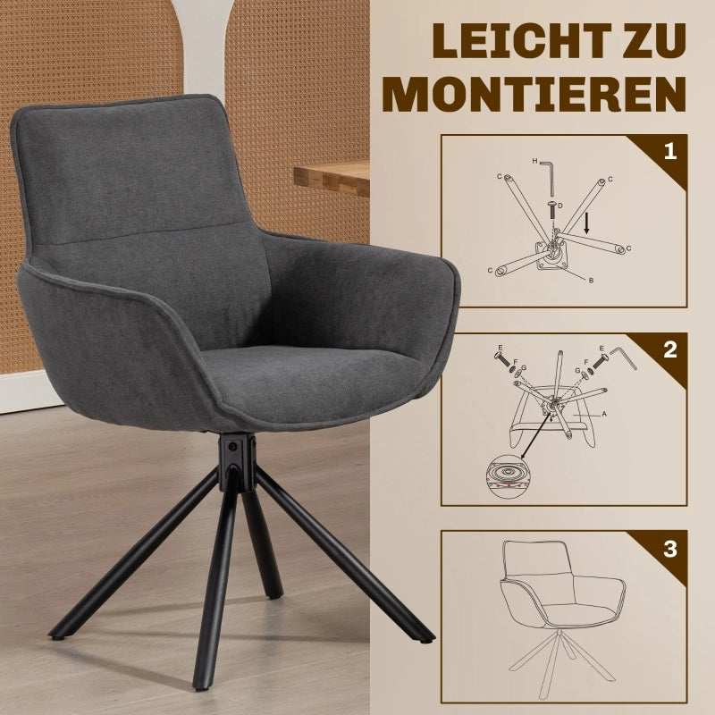 SEDIA Girevole Set da 2 pezzi con braccioli, tessuto effetto velluto, grigio scuro, metallo