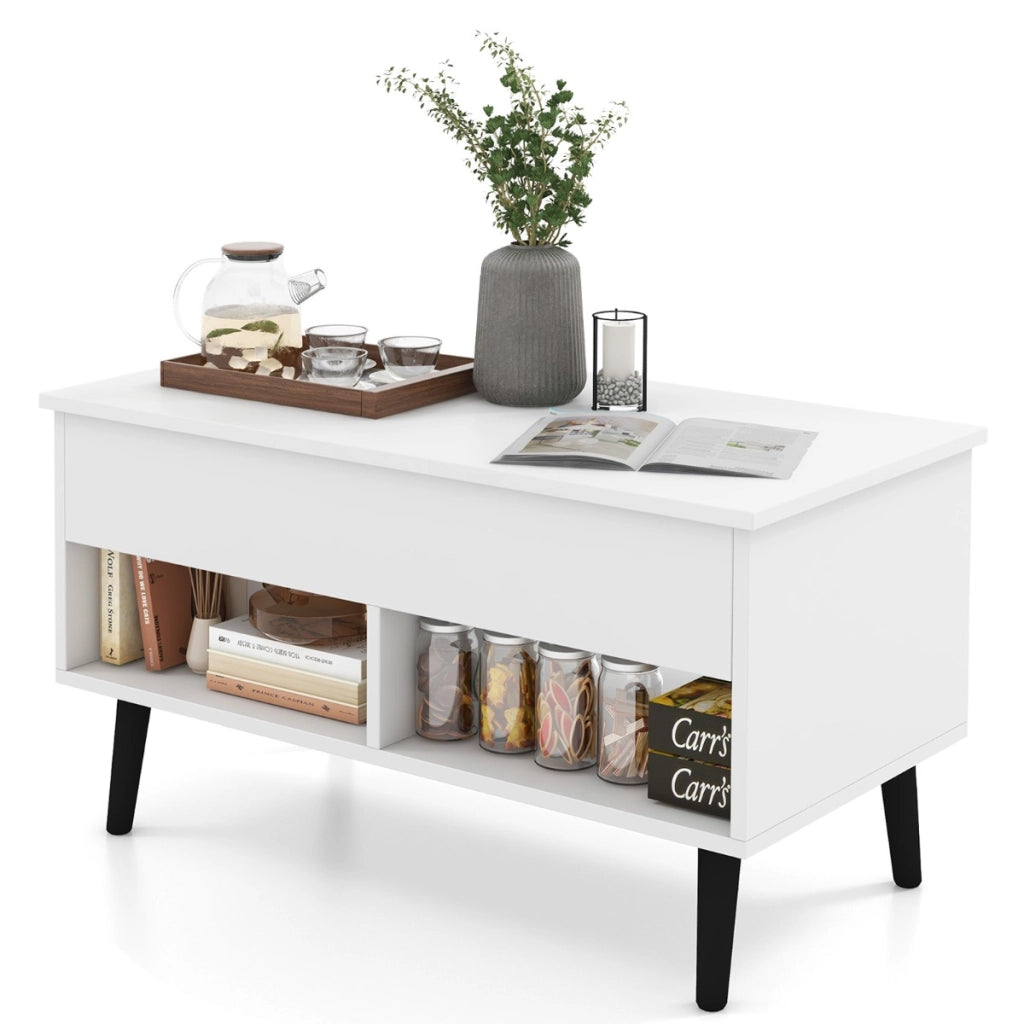 Tavolino da caff¨¨ moderno con scomparto nascosto e 2 scaffali aperti, Tavolino in legno per soggiorno Bianco-Tavolini da salotto