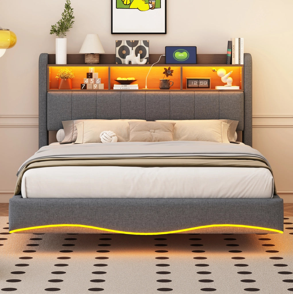 Letto imbottito sospeso 140x200 cm grigio con LED; USB e Type-C