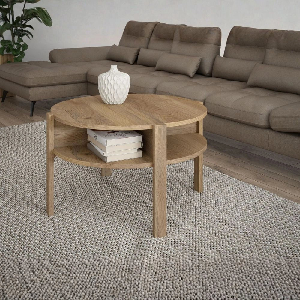 Tavolino da salotto Aura rotondo 74 cm con ripiano inferiore colore rovere medio