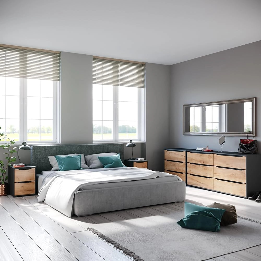 Credenza Ruben, Quercia dorata, 48 x 77.6 cm con cassetti, per riporre abiti e oggetti di uso quotidiano
