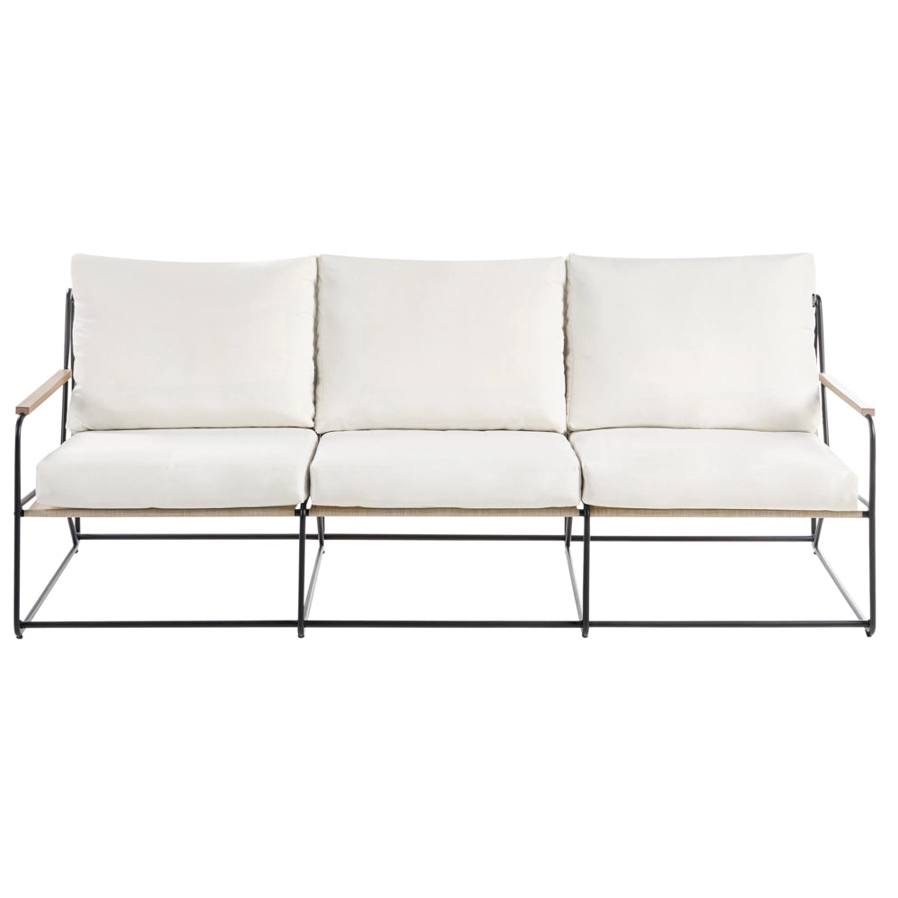 Set divani da giardino nero e beige in acciaio verniciato a polvere a 5 posti con poltrone Cuscini Due tavolini Set da esterno dal design moderno