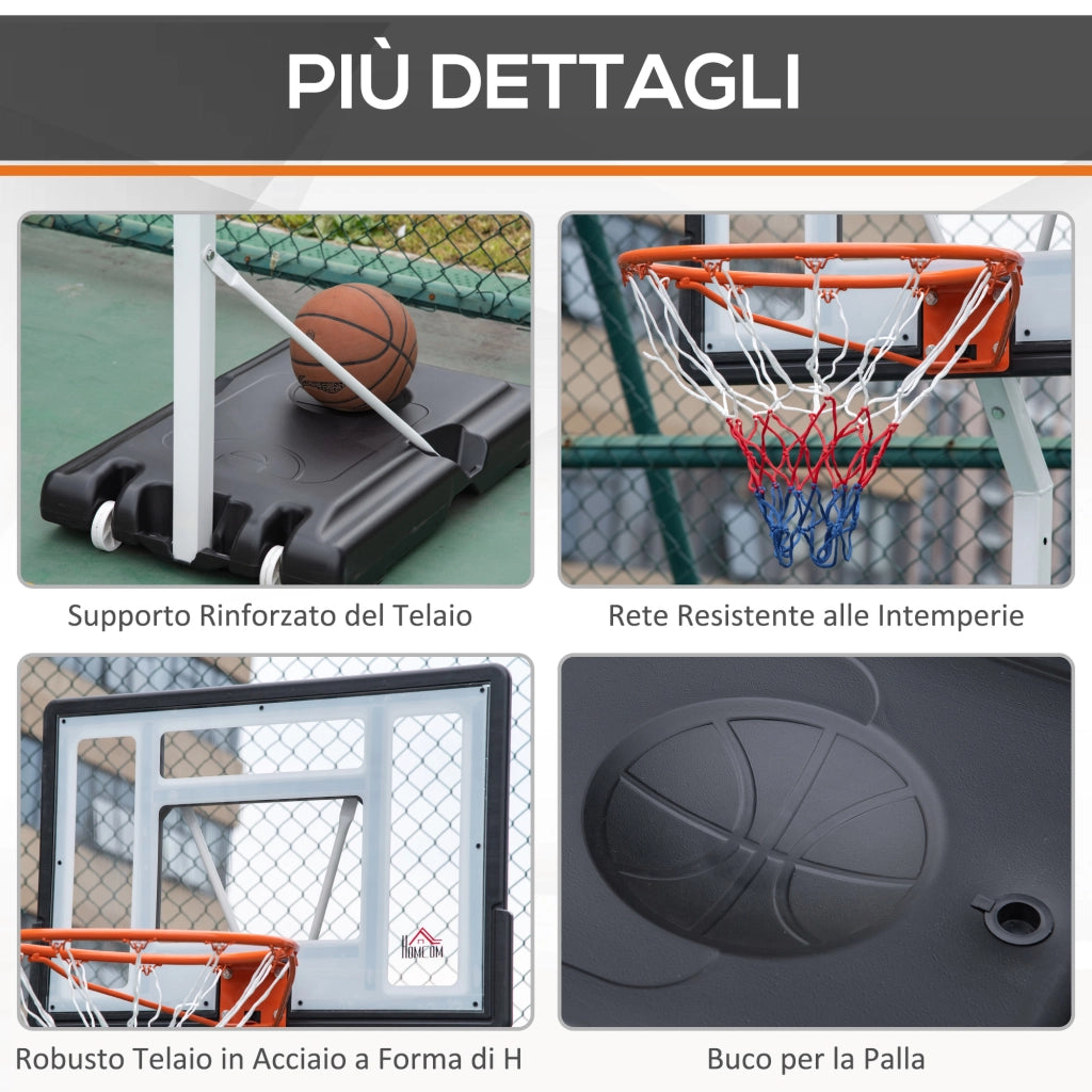EasyComfort Canestro Basket per Adulti con Tabellone in PVC Regolabile 210-260cm Ruote Integrate Bianco