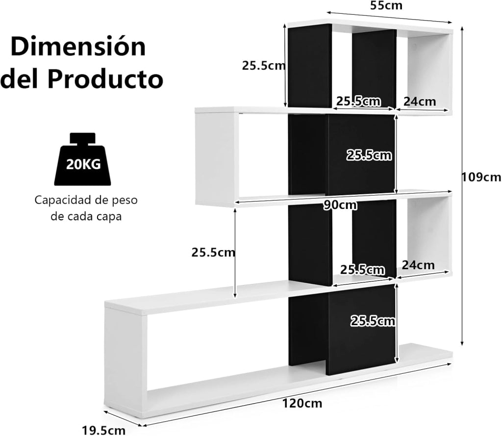 Scaffali portaoggetti a 5 livelli, scaffale minimalista con 12 spazi aperti, scaffale per soggiorno, sala da pranzo o ufficio, 120 x 19,5 x 109 cm (nero+bianco)