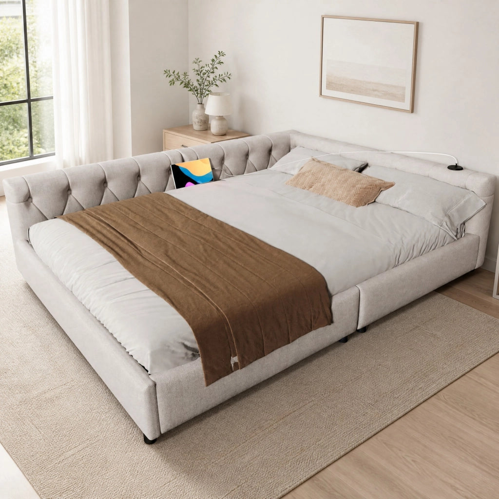 Letto matrimoniale 140x200 cm con LED; USB e Type-C; in lino beige