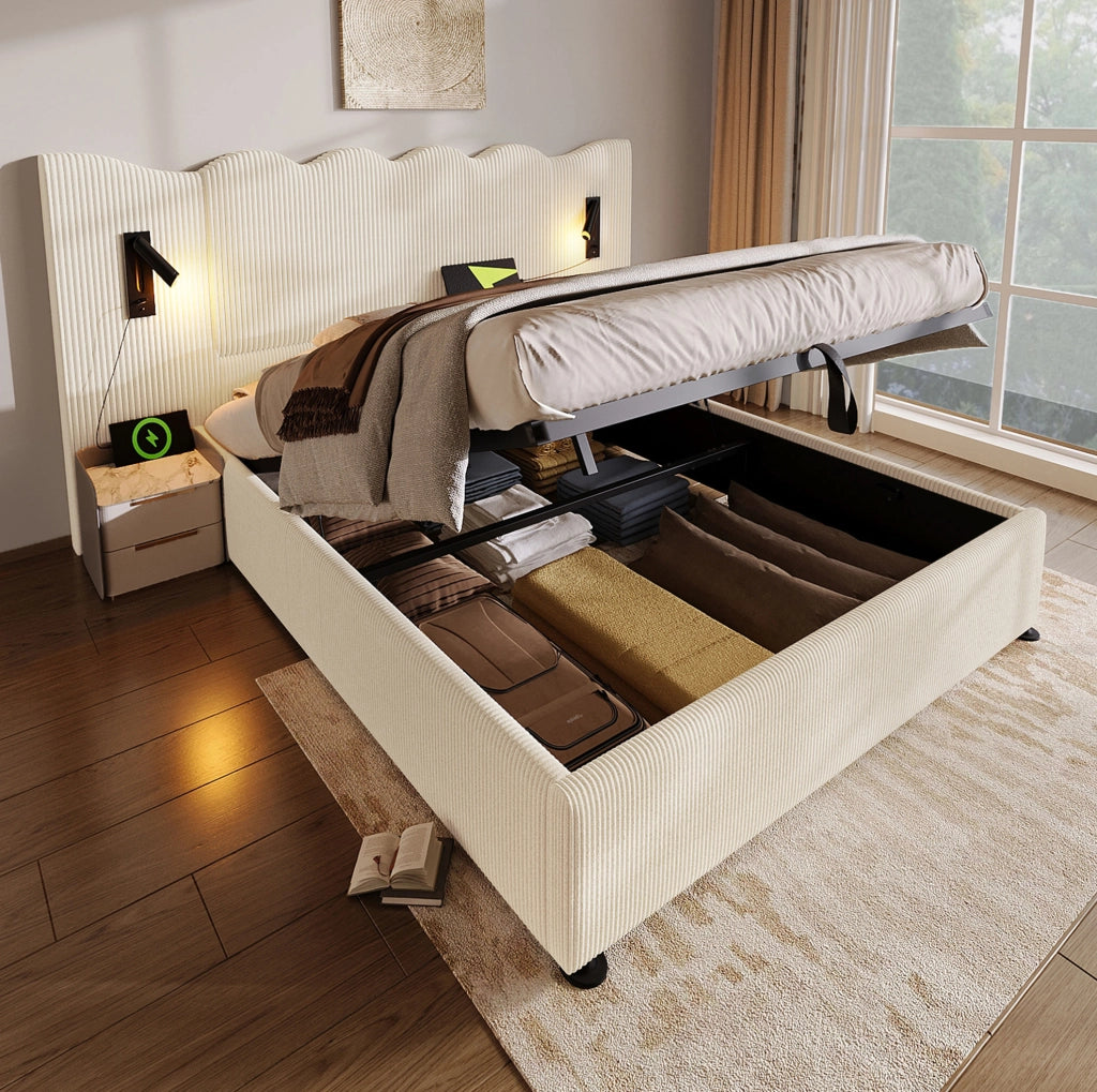 Letto matrimoniale 180x200 con contenitore, luce e USB-C