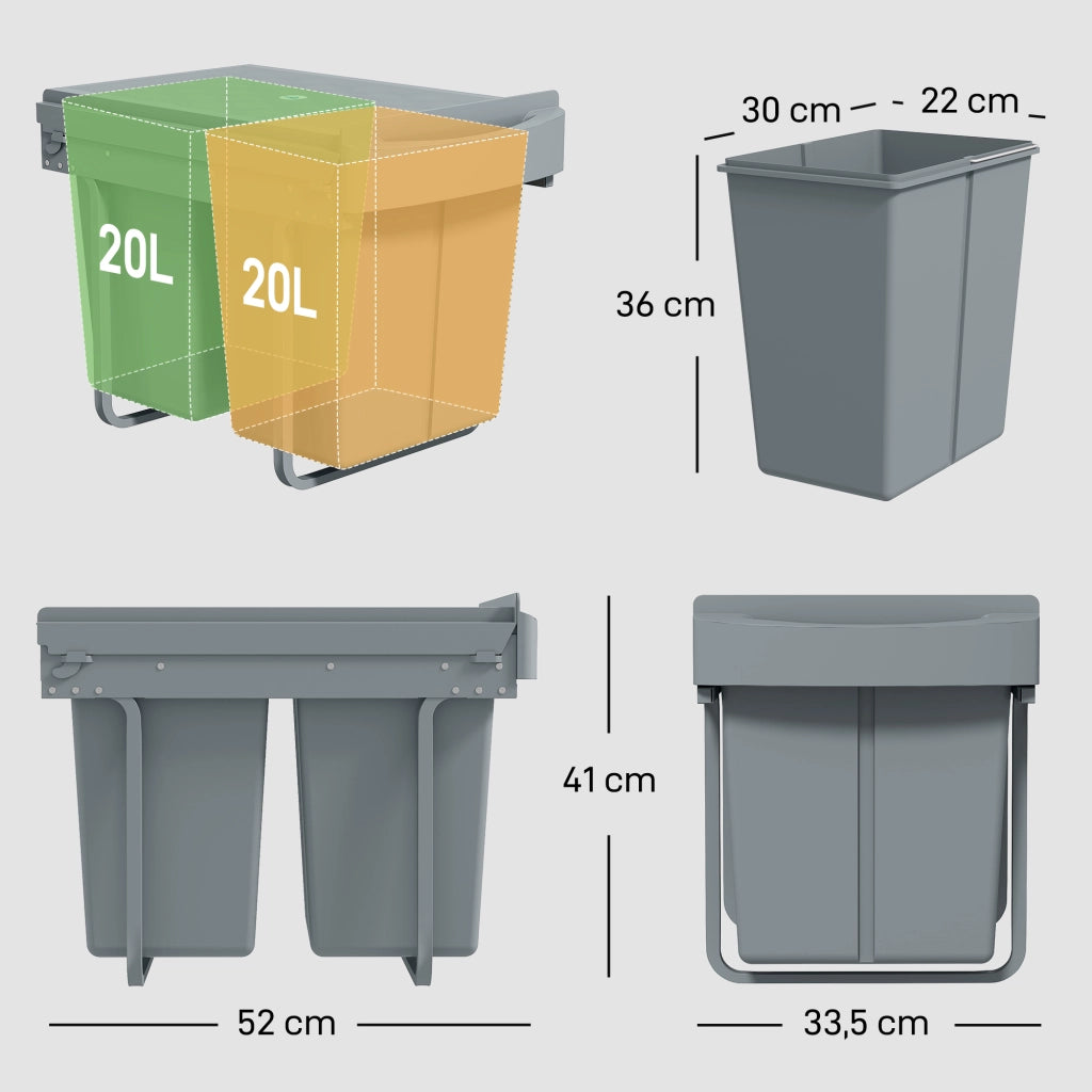 Cestino Sottolavabo 2 Contenitori Estraibili Riciclaggio 20 L ¨C Zephmum ¨C Grigio