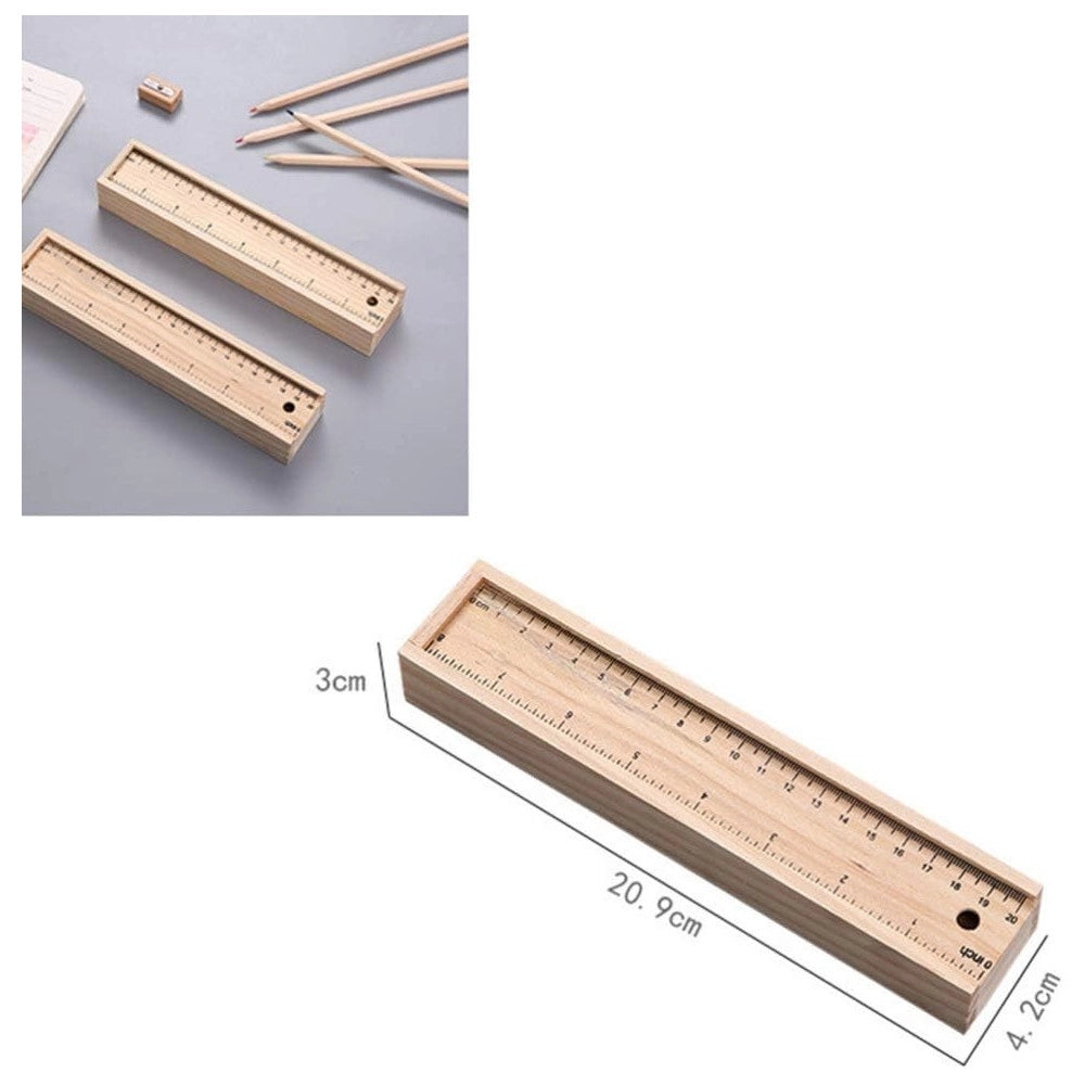 Trade Shop - Astuccio In Legno Con 12 Pastelli Colorati Temperino Righello Riga Portapastelli -