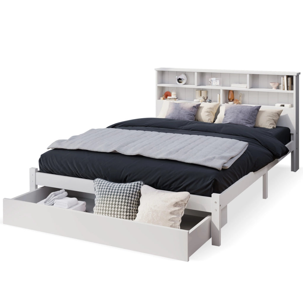 Letto singolo matrimoniale 140x200 cm con testiera a libreria; 2 cassetti; bianco