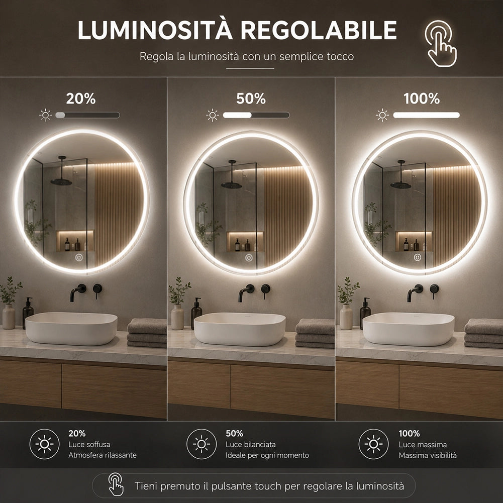 Specchio Tondo Diametro 70 cm con Led a 3 Colori Dimmerabile Accensione Touch