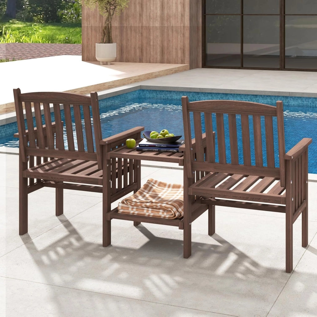 Set di salotto da giardino in un pezzo, in legno massello, 1 tavolo con foro per ombrelloni e 2 poltrone, mobili da esterno per cortile, patio, terrazza (carico 150 kg, marrone)