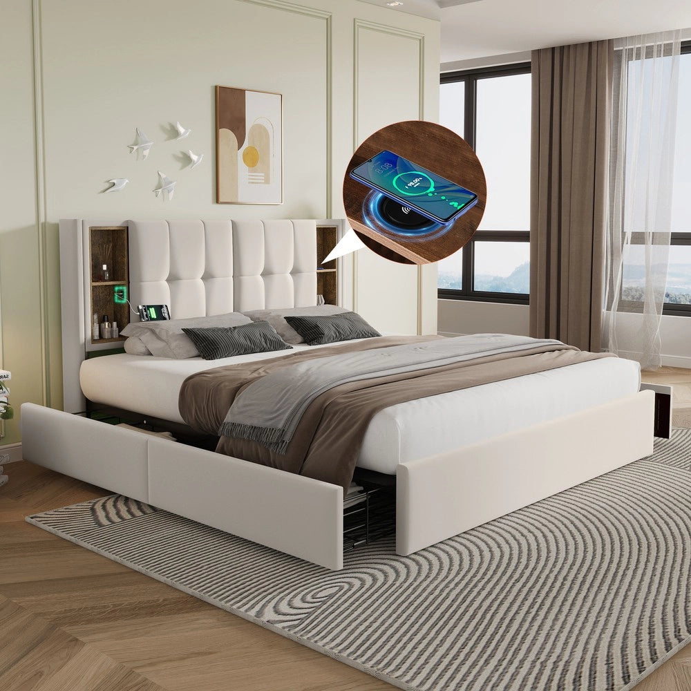 Letto Matrimoniale Imbottito con Cassetti e Ricarica USB ¨C MINIMAL ¨C Velluto Beige 160x200