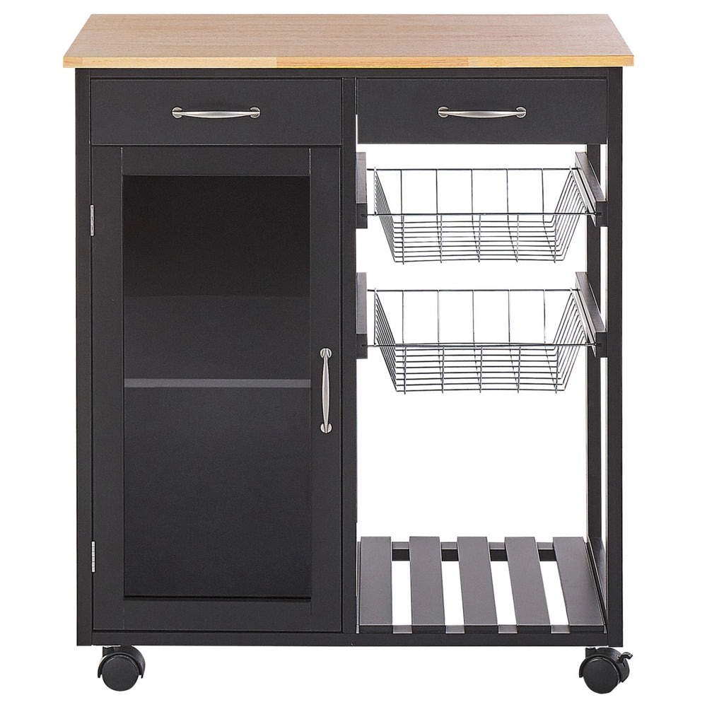 Carrello Cucina Legno Pino Nero 2 Cassetti 1 Mobiletto 2 Scaffali Ruote Soggiorno