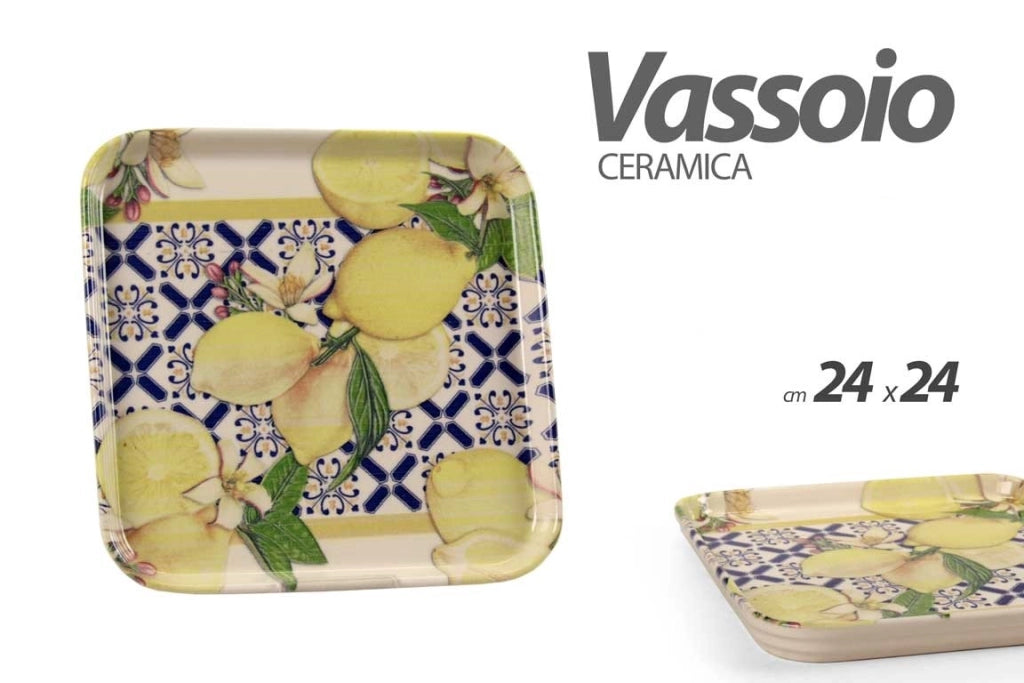 Vassoio da Tavola Cucina in Ceramica Quadrato con Limoni 24 x 24 cm