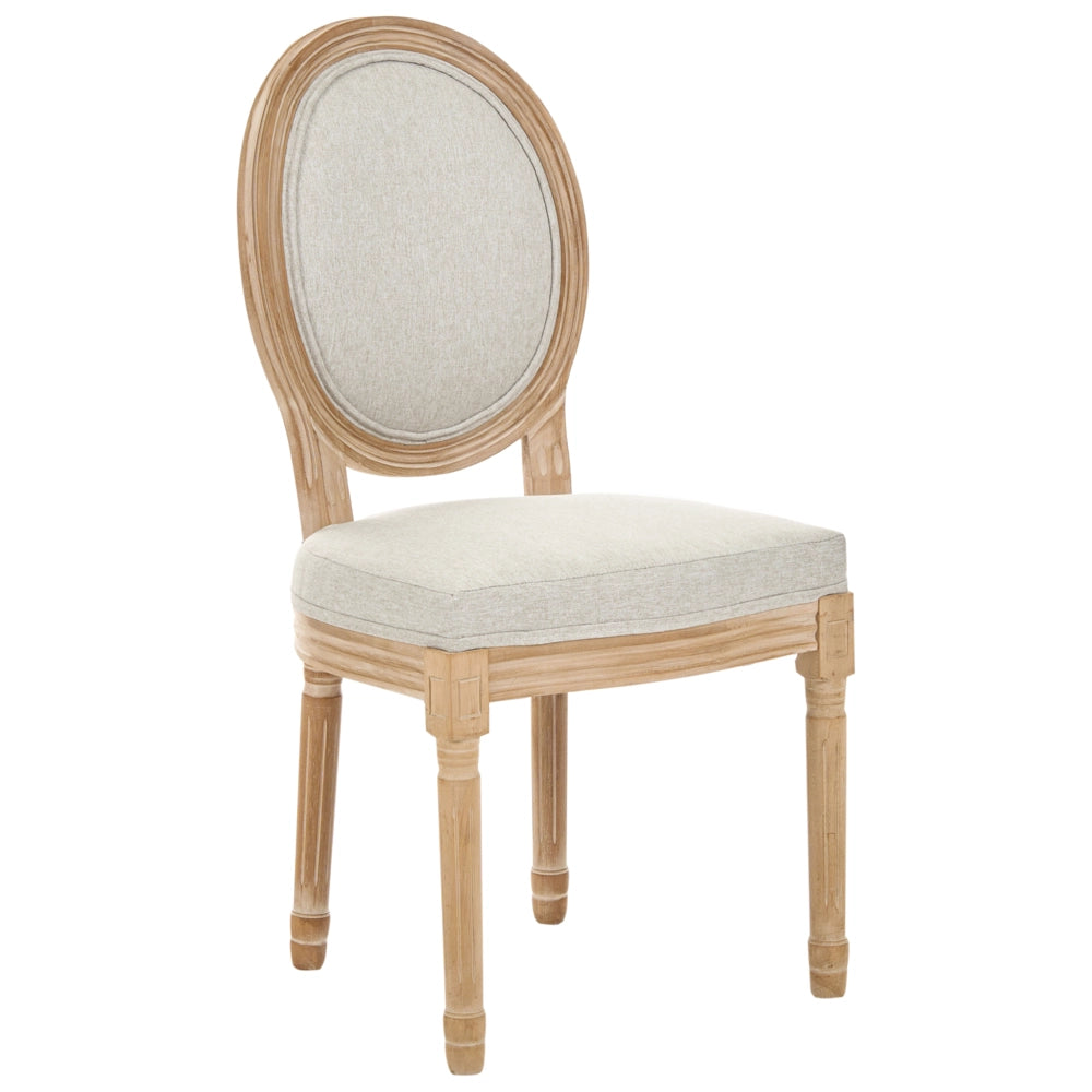 Set di 2 sedie da pranzo con struttura in legno e rivestimento in tessuto marrone chiaro e beige, stile country francese shabby chic vintage