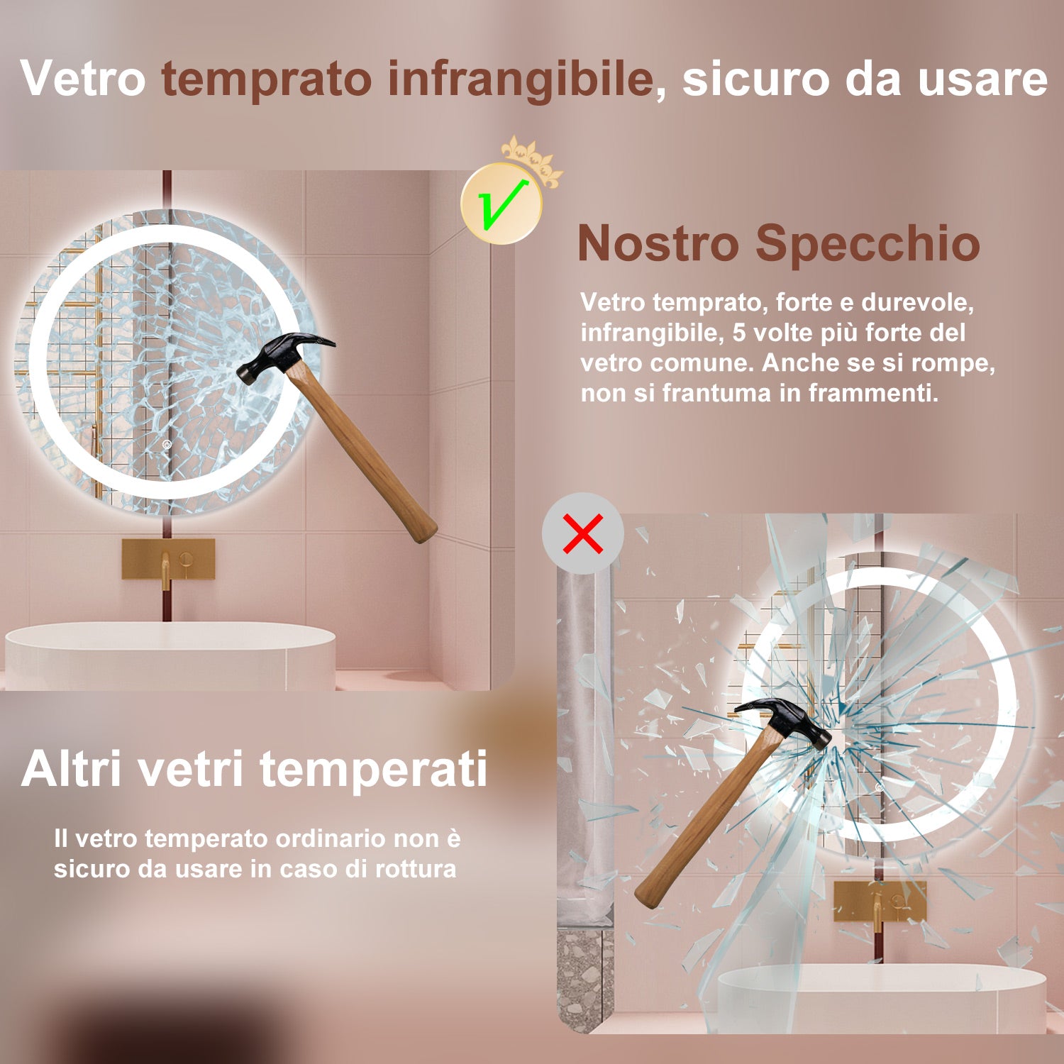 AICA Specchio da bagno 60 x 60 cm, antiappannamento, dimmerabile, interruttore touch, Funzione Memoria