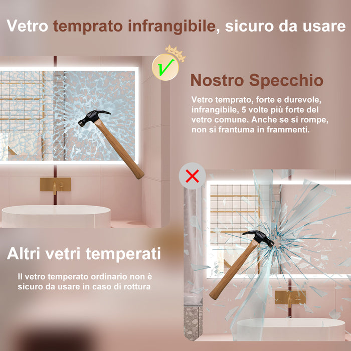 AICA Specchio da bagno  100 x 60 cm, dimmerabile, Funzione Memoria, antiappannamento, 3 colori