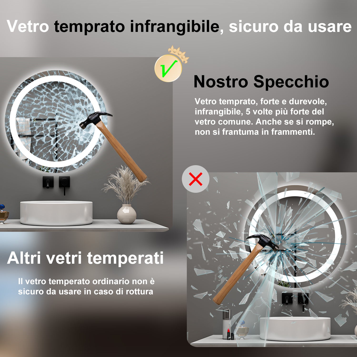 AICA Specchio da bagno 60 x 60 cm, antiappannamento, dimmerabile, interruttore touch, Funzione Memoria