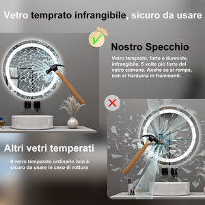 AICA Specchio da bagno 60 x 60 cm, antiappannamento, dimmerabile, interruttore touch, Funzione Memoria