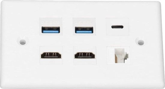 Pannello di controllo con 6 ingressi HDMI, USB 3.0, porta USB C e connettore CAT6 Ethernet per TV e proiettori.