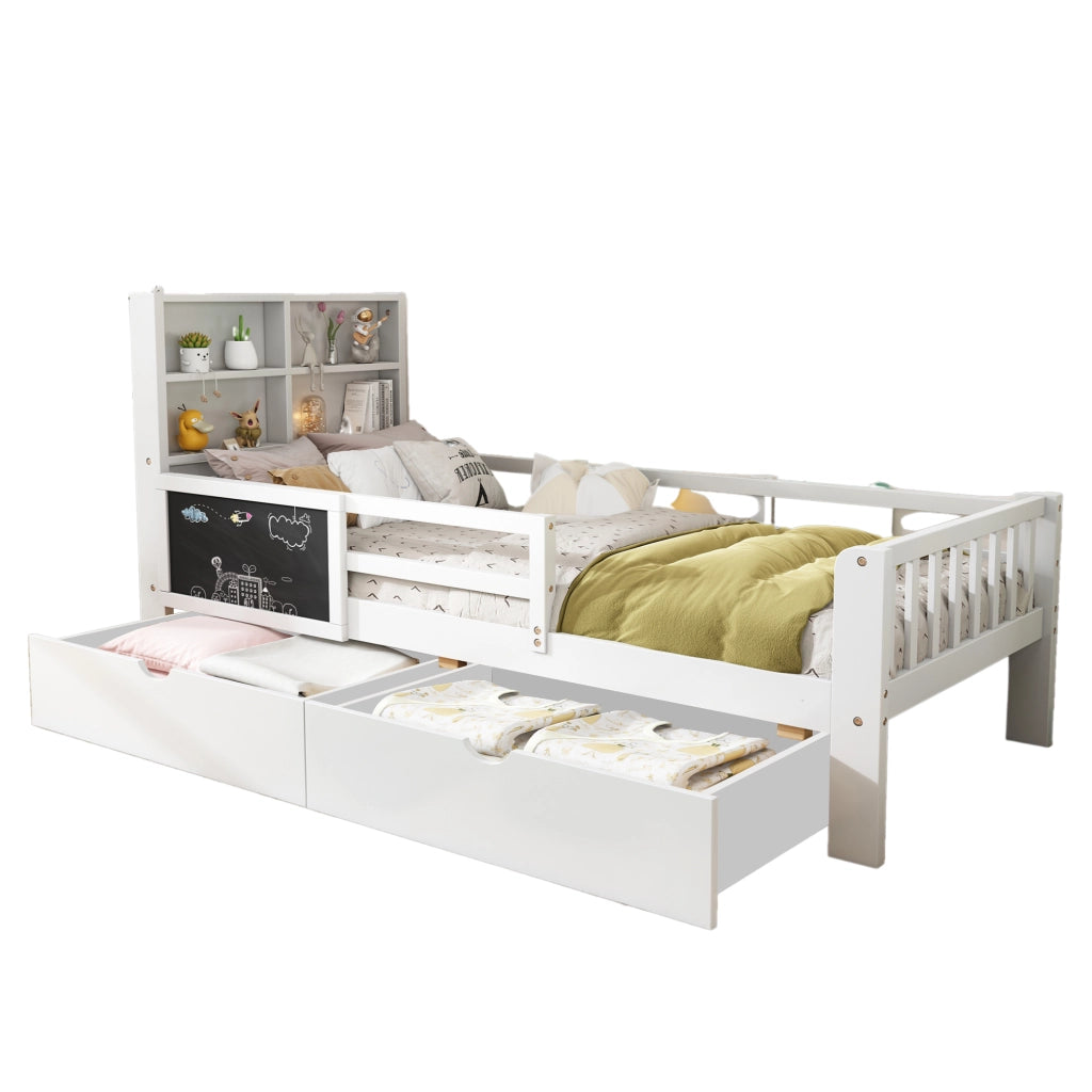 OKWISH Letto Bambino Singolo 90×200 cm con 2 Cassetti, Lavagna e Sponda di Sicurezza, senza Materasso, in Legno Massello e MDF, Bianco