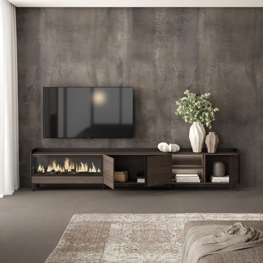 Mobile TV Soggiorno, 315x61x35 cm, Per TV fino a 80", Camino elettrico XXL, Design industriale, LED, Rovere scuro e Nero
