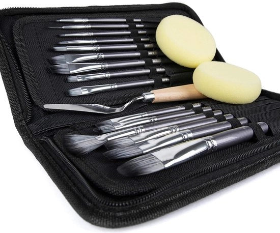Set di pennelli da 15 pezzi per acrilici, olio, aquarelli, gessi, con coltello per paletta e 2 spugne, inclusa borsa a pop-up