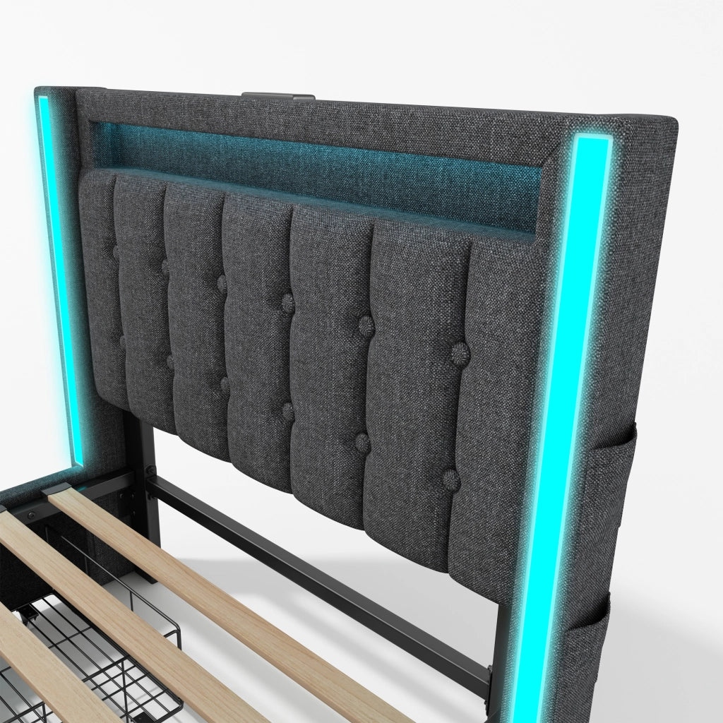DESMIU Lit simple 90 × 200 cm con LED, USB Type-C, 2 cassetti, materasso incluso, in lino, grigio