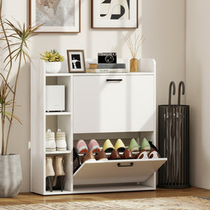 Scarpiera Slim 83x24x90.5 cm per 15 Scarpe con 2 Cassetti Ribaltabili e 3 Vani Aperti Bianco