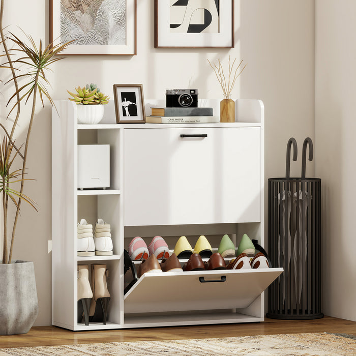 Scarpiera Slim 83x24x90.5 cm per 15 Scarpe con 2 Cassetti Ribaltabili e 3 Vani Aperti Bianco