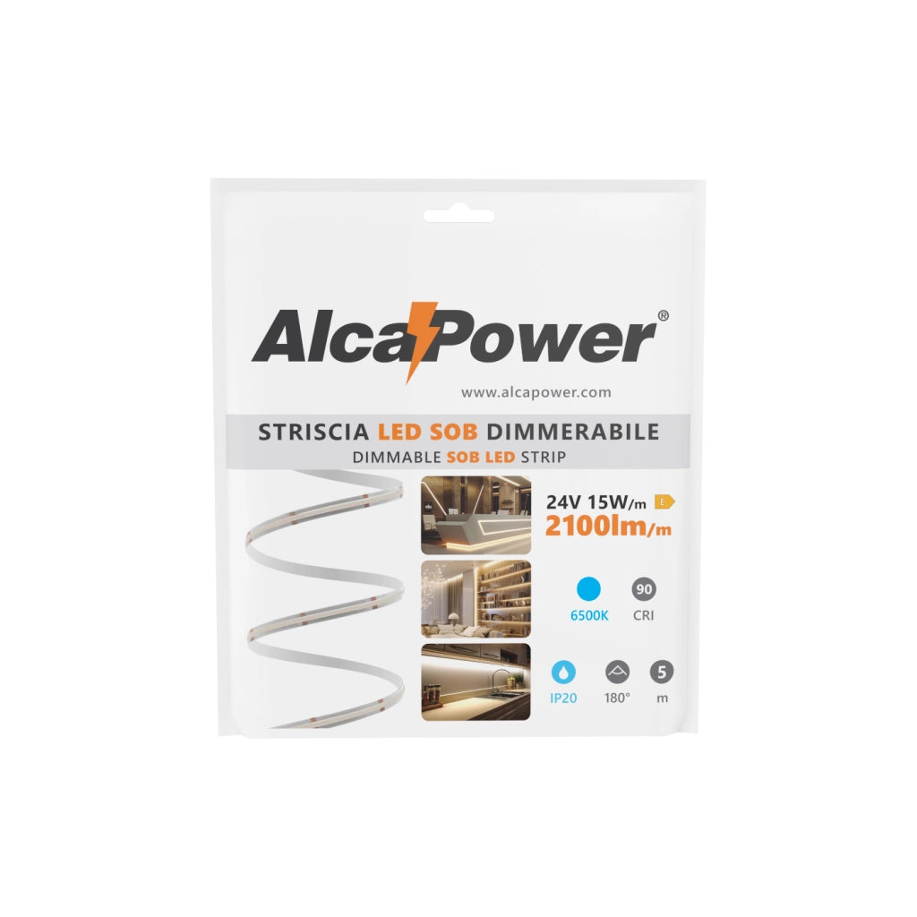 Alcapower Striscia LED Serie SOB 5m 24V 15W/m 2100lm/m Luce Fredda 6500K CRI90 IP20 - Soluzione professionale per illuminazione lineare ad alta resa