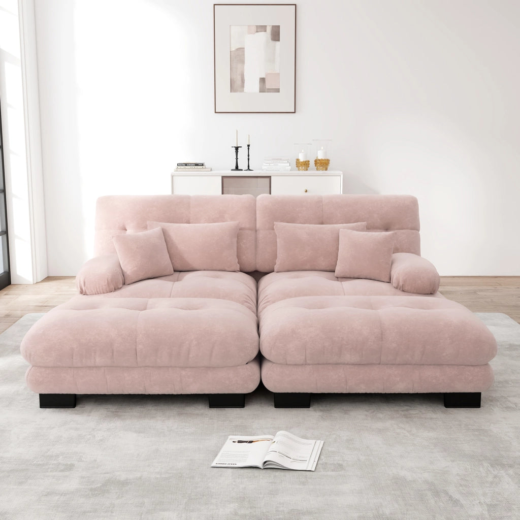 Divano modulare in chenille con cuscini lombari, pouf mobili e braccioli imbottiti per soggiorno rosa