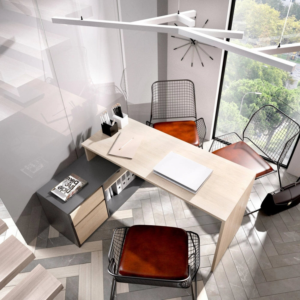 Scrivania Andor, Scrittoio multiposizione da ufficio o cameretta, Tavolo da studio angolare multiuso, 139x92h75 cm, Rovere e Antracite