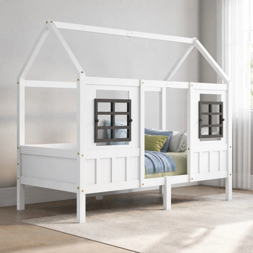 Letto a casetta per bambini con 2 finestre, struttura in pino e MDF, bianco, 200x90 cm